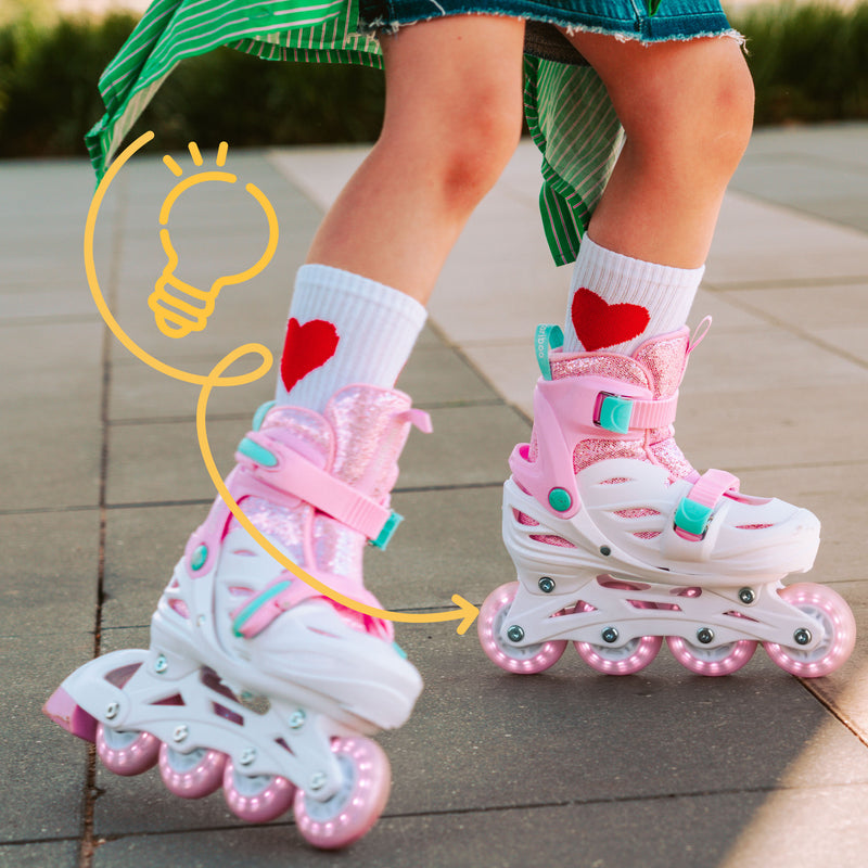 LED wheels powered by movement – the faster they ride, the brighter they shine (no batteries needed).