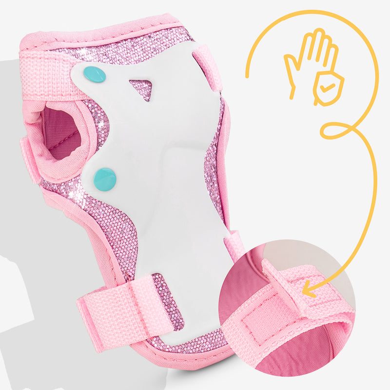 Wrist guards with double Velcro straps ensure a snug, safe fit.