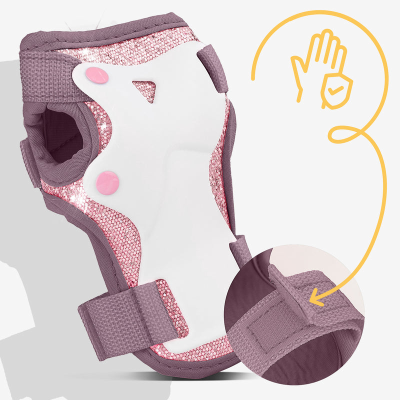 Wrist guards with double Velcro straps ensure a snug, safe fit.